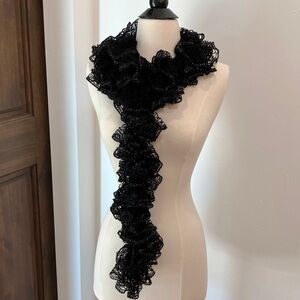 New Elegant hand knitted black Ruffled Scarf silver accents crochet